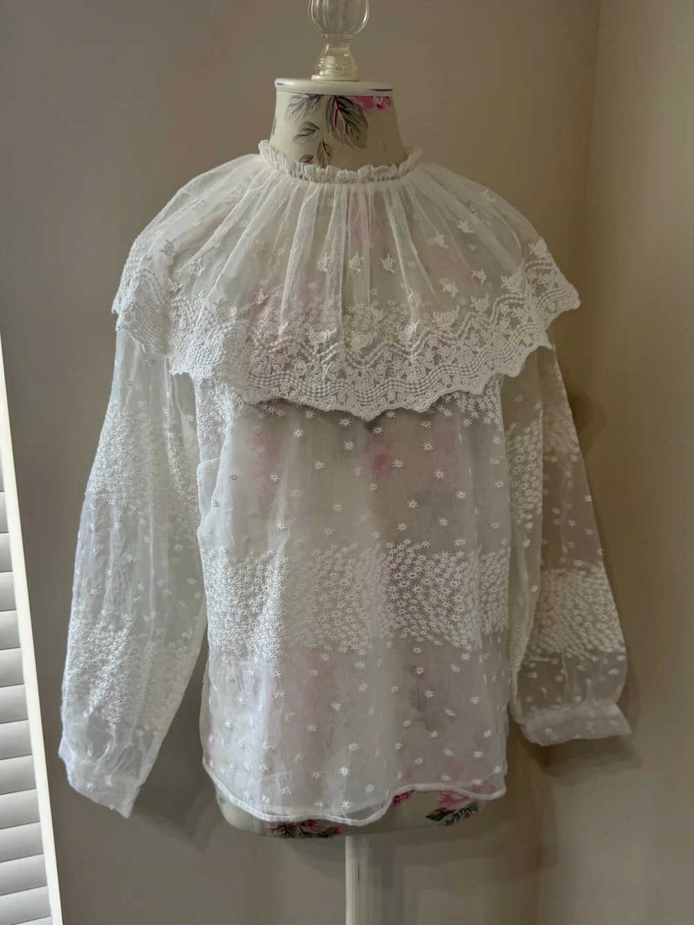 Zara White Sheer Lace Ruffle-Neck Blouse